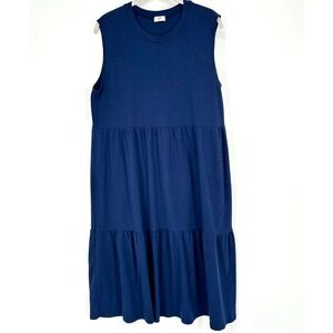 NLT‎ LA No Less Than Tiered Midi Dress Sz L Navy Made in USA Sleeveless Ribbed